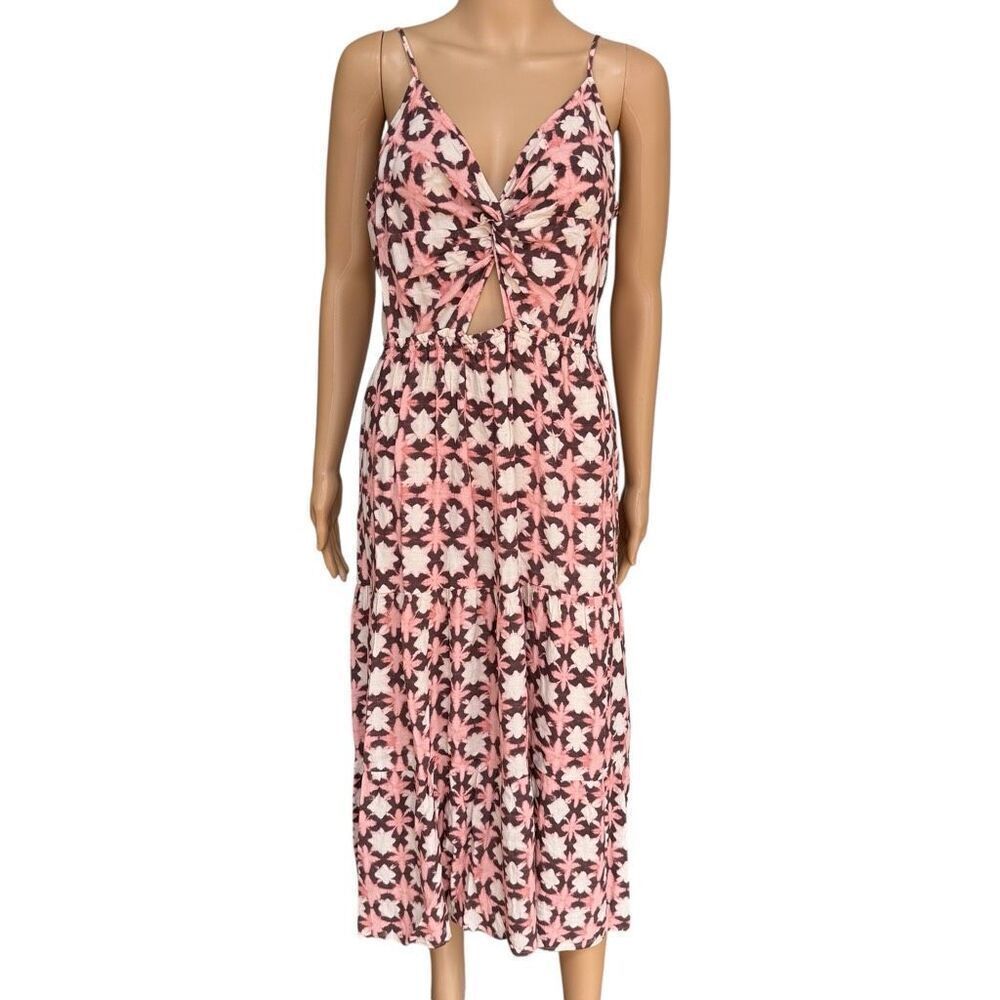 Loft Sunwashed Floral Twist Tiered Midi Dress brown/pink floral pattern 12 NWT - Picture 2 of 9